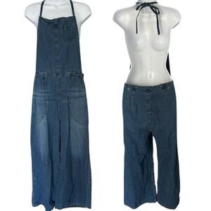 AG Adriano Goldschmied Denim Halter Jumpsuit Women’s L Wide Leg Blue 100% Cotton